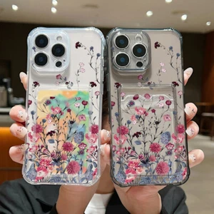 Coque Étui souple pour iPhone 16 15 Pro Max 14 13 12 Fleurs Antichoc Fente Carte - Zdjęcie 1 z 13