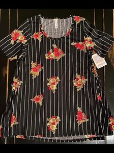 NWT S LuLaRoe RED & YELLOW ROSES Perfect T Top BLACK w/ WHITE STRIPES Floral - Foto 1 di 4