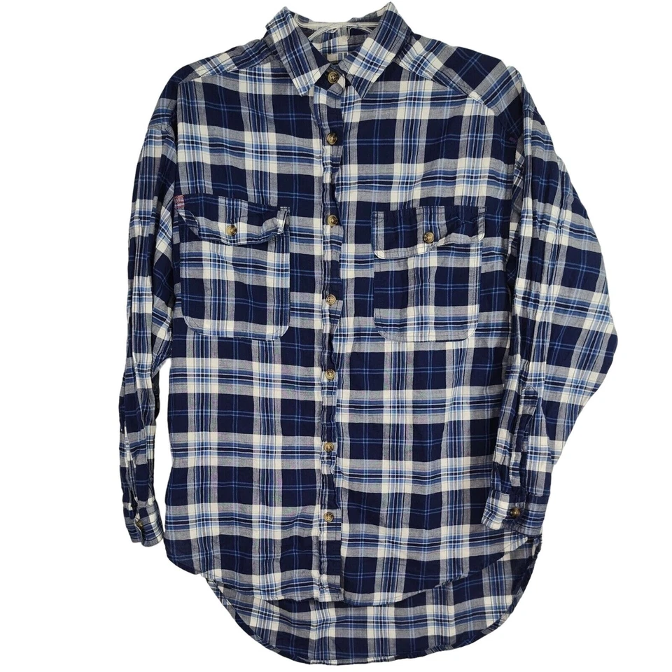 BDG Button Up Shirt Men Size S Blue White Plaid Flap Pockets Long Sleeve  - Image 1 of 4