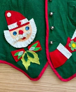 Vintage 50s Christmas Party Vest Appliqué Felt Santa Rhinestone Eyes Kitschy - Picture 1 of 8