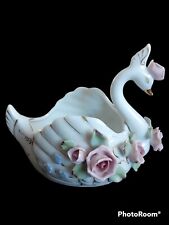 Vintage Beautiful Ornate Swan With Sculpted Flowers Planter/ trinket dish