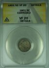 1801 DRAPED BUST SILVER HALF DIME 5C COIN ANACS VF-20 DETAILS-CORRODED