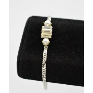 Vintage Bracelet Rhinestone Baguette Crystal Silver Pearl Chain 7" NOS 80s Bin2 - Picture 1 of 12