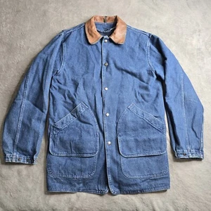 Vintage Woolrich Denim Barn Coat Blanket Lined Jean Jacket Leather Collar Sz S - Picture 1 of 23