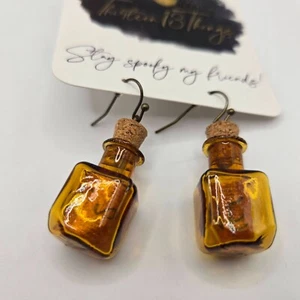 MESSAGE IN A BOTTLE EARRINGS - HANDMADE ONE OF A KIND - Gold Glass - Picture 1 of 5