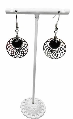 Pendientes colgantes de flores de acero inoxidable de piedra curativa natural de ágata negra Foto 1 de 4