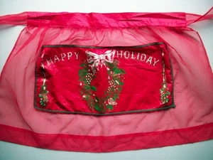 Happy Holiday red vintage apron sheer with front pocket panel of wreath candles - Picture 1 of 3