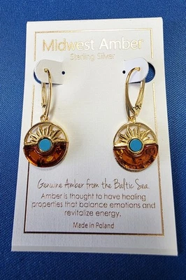 Midwest Amber Sterling Silver Amber & TurquoiseEarrings From The Baltic Sea- NEW - Image 1 of 3