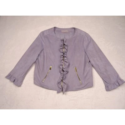 Chaqueta para mujer Nanette Lepore talla 6 púrpura lila con volantes bolsillos con cremallera dorada Foto 1 de 4