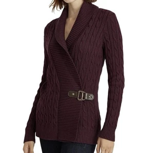 $125 Lauren Ralph Lauren Buckle Clasp Cardigan Sweater Petite Large Red / Maroon - Picture 1 of 3