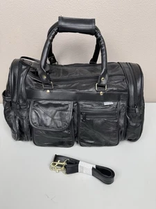 Vintage schwarz Leder Mini Seesack 16" Weekender Handgepäck Schuhkomp - Bild 1 von 14