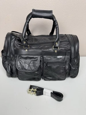 Vintage Black Leather Mini Duffle Bag 16” Weekender Carry On Luggage Shoe Comp - Image 1 of 4