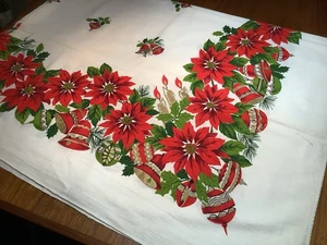 Vintage White Christmas Cotton Tablecloth Red Poinsettia Red Balls, Bells 46x66 - Picture 1 of 7