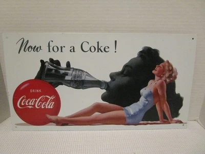Coca Cola ~ Now For a Coke!  Lady Sunbathing 16" x 8.5" Tin Wall Art Metal Sign - Image 1 of 4
