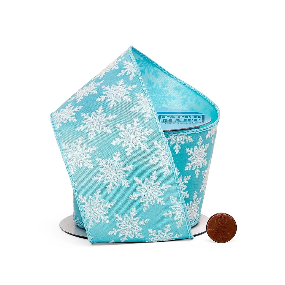 2.5" Wide White Flocked Snowflakes on Blue Satin Wired Ribbon -10 Yds (56113901) - Image 1 of 1