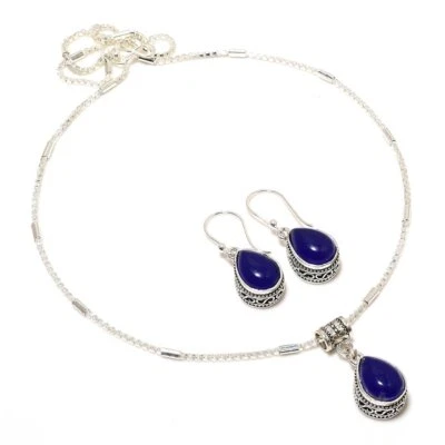 Juego de collar y pendientes hechos a mano enchapados en plata 925 de ónix azul de 18" Foto 1 de 3