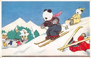Dressed Panda Bear's Skiing Medici Society Antique Postcard (J26951) - Picture 1 of 2