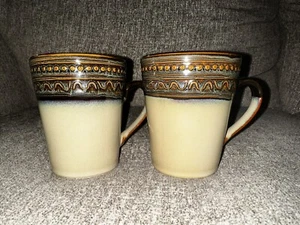 2 Jaclyn Smith Today Mugs/Cups Brown, Tan, Blue & Gold With Raised Design - Picture 1 of 7