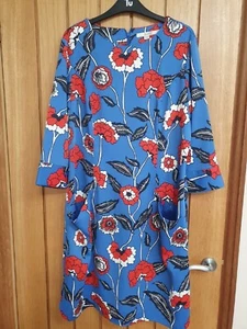 Boden Isabelle rosehip wave cotton, blue red floral dress, size 16 L, used - Picture 1 of 19