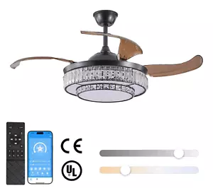 Black 48" Modern Crystal Retractable Ceiling Fan LED Light w Remote APP Control - Picture 1 of 12