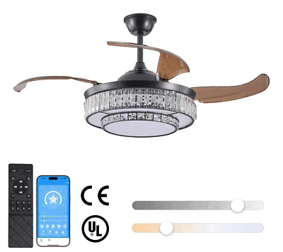 Black 48" Modern Crystal Retractable Ceiling Fan LED Light w Remote APP Control - Image 1 of 4