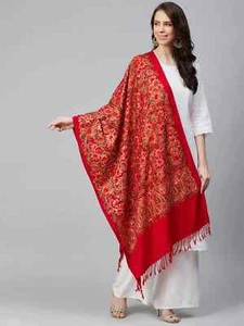 Paisley Red Pashmina Wool Shawl Hand-Cut Kani Quality White Jamavar Stole India - Picture 1 of 5