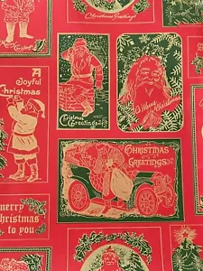 VTG MERRY CHRISTMAS OLD WORLD SANTA TREE WRAPPING PAPER RED GOLD GREEN 2 YARDS - Picture 1 of 9