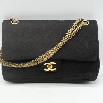 Auténtico Bolso de Hombro CHANEL 'Excelente Estado' Súper Vintage Algodón con Cadena Solapa Negro Foto 1 de 4