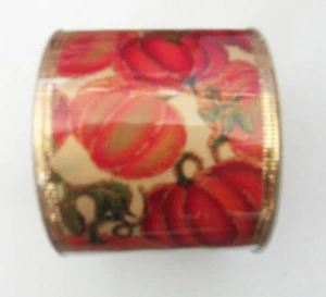 Autumn Accents Thanksgiving Halloween Orange Gold Pumpkin Print Wire Ribbon 2.5" - Picture 1 of 9