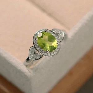 1.65 Carat Oval Cut Natural Peridot & Diamond Wedding Ring 925 Sterling Silver 7 - Picture 1 of 6