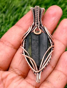 Black Tourmaline Gemstone Copper Wire Wrapped Handmade Jewelry Pendant Necklace - Picture 1 of 7