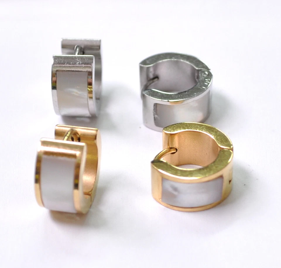 Edelstahl Creolen Klapp Damen Ohrringe silber Gold Klappcreolen Perlmut 14mm 7mm - Bild 1 von 1