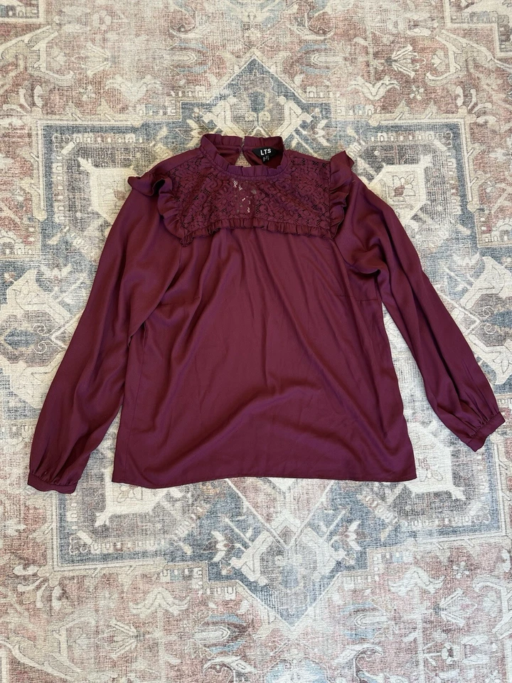 Blusa LONG TALL SALLY Para Mujer US 16 TALL Borgoña Floral Encaje Cuello Manga Larga Foto 1 de 3