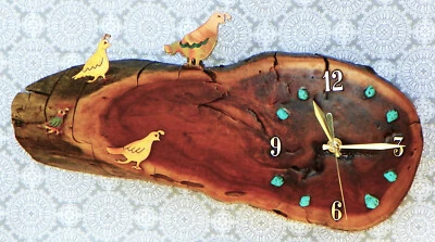 Quail Family with Turquoise Stones Cabin Style 16" x 9" x 2.5" Rustic Wall Clock - Image 1 of 4