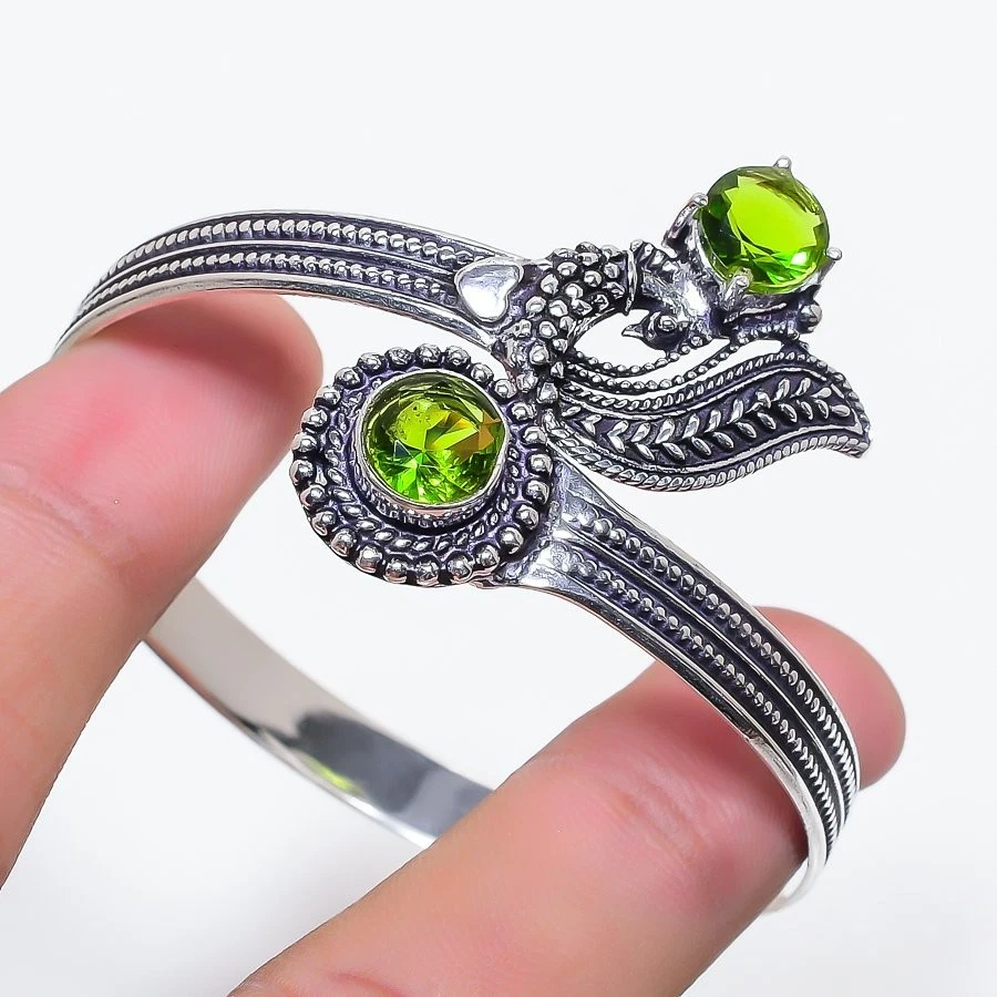 Green Peridot Gemstone 925 Sterling Silver Jewelry Adjustable Cuff Bracelet - Image 1 of 1