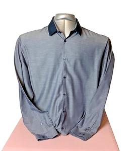 Navy Blue Print Long Sleeve Shirt - 17.5" Collar - Picture 1 of 9