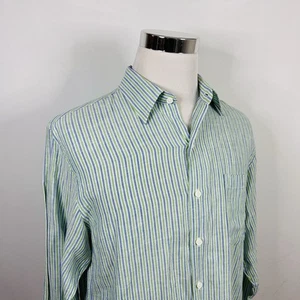 IZOD Medium Island Linen Blend Shirt Green Blue Striped Long Sleeve Button Front - Picture 1 of 5