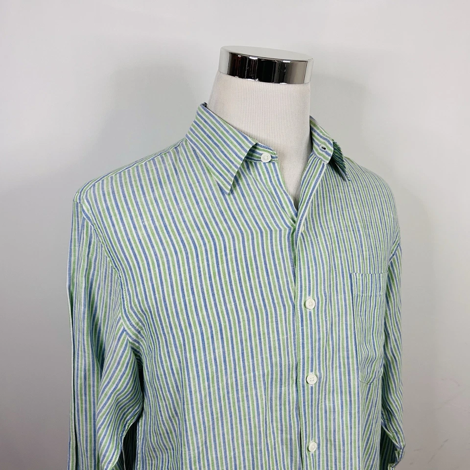 IZOD Medium Island Linen Blend Shirt Green Blue Striped Long Sleeve Button Front - Image 1 of 4
