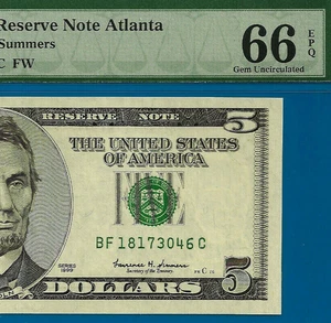 1999 $5 Federal Reserve Note PMG 66EPQ 2nd highest graded BFC Block Fr 1987-F - Picture 1 of 4