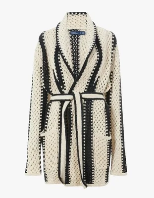 Polo Ralph Lauren XXL Black Cream Striped Linen Cotton Belted Long Cardigan $598 - Image 1 of 4