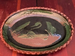 Vintage Patamban Oval Platter Green Swan Red Ware Pottery Mexican Folk Art  - Picture 1 of 24