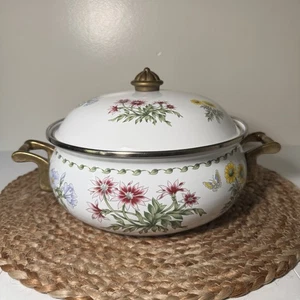 Vintage 1980s Regency Enamel Floral Cookware Dutch Oven Pan W/ Lid Brass Handles - Picture 1 of 17
