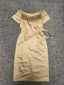 Vintage 60s Liquid Satin Gold Beaded Cap Sleeve Etuikleid Silk Wiggle Size XXS - Bild 1 von 10