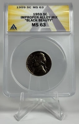 1959 Jefferson Nickel Black Beauty Improper Alloy Mix ANACS MS63 Double Die - Image 1 of 4