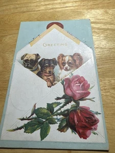 Postcard 1914 Puppy Dogs Greeting from Envelope Roses Embossed A67 - Picture 1 of 2