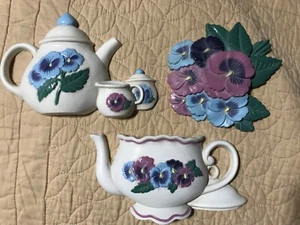 Vintage Burwood Teatime Pansy Wall Accent Decor Set 3 Pieces Teapot Cup Flowers - Picture 1 of 4