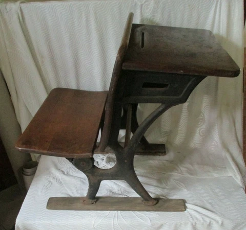 Antique Vintage Youth Child Student Cast Iron & Wood School Desk Cover