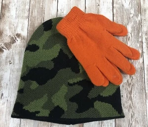 New Boys Girls Child Size Camo Beanie Hat and Blaze Orange Gloves Set Camouflage - Picture 1 of 5