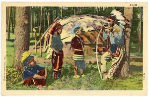 Postal de colección escena india nativa americana lino borde blanco Curt Tech c1950 - Imagen 1 de 2