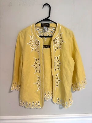 Bob Mackie Wearable Art Chaqueta Tanque Amarillo Bordado Talla Pequeña Mezcla de Lino Foto 1 de 4